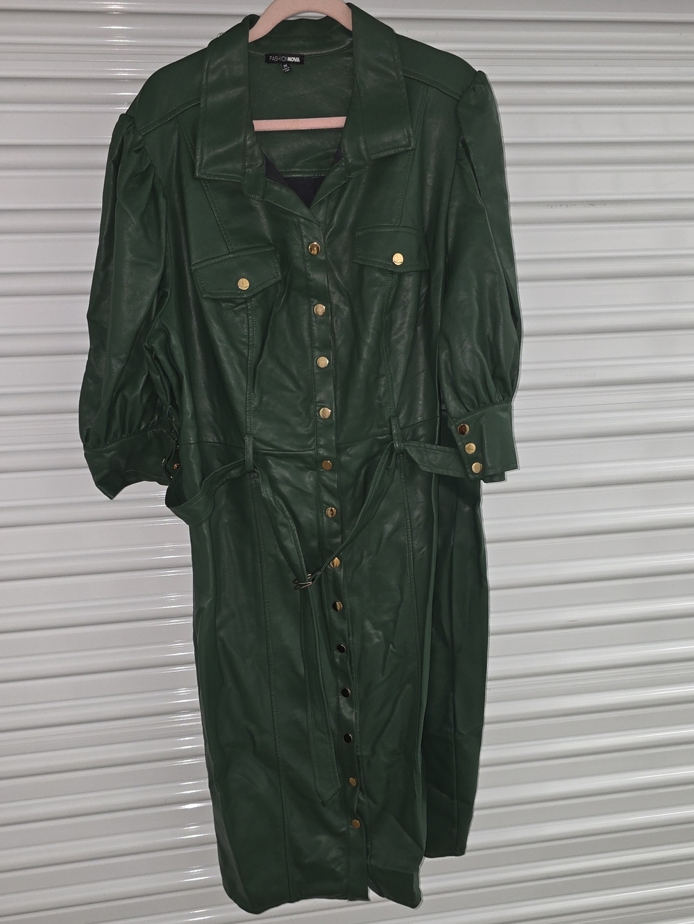 Fashion Nova Dark Green Faux Leather Button-Front Midi Dress